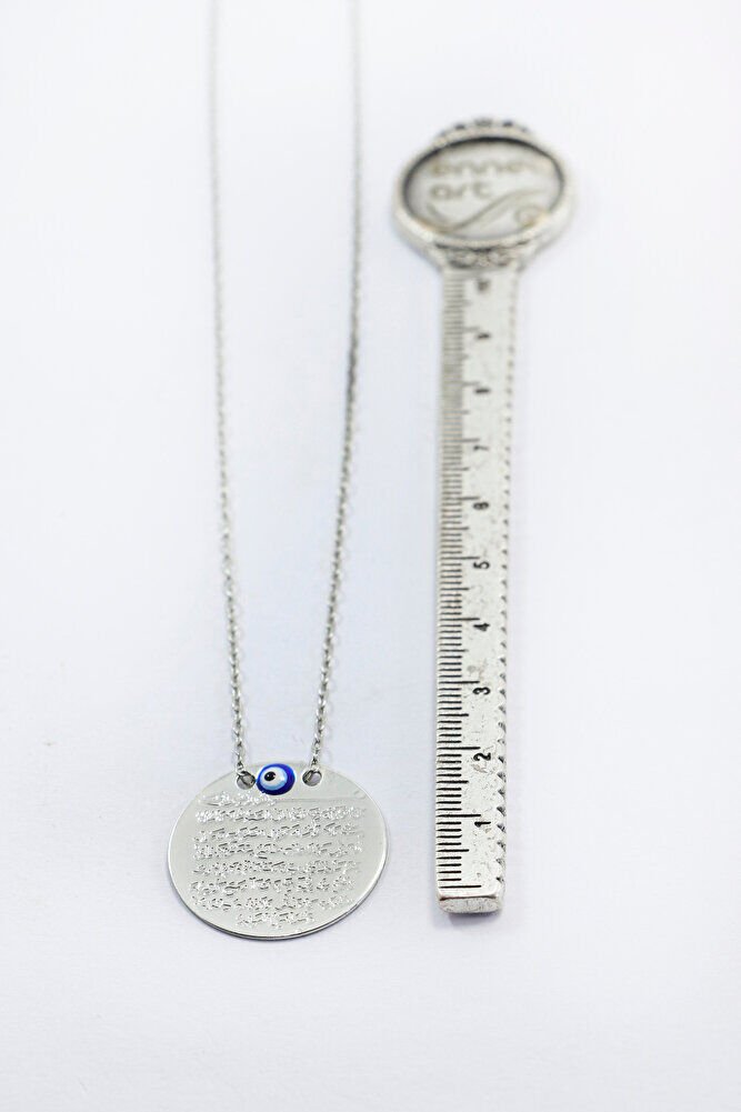 Mineli Nazar Metal Ayetel Kürsi Dualı Lak Kaplama Bijuteri Kolye (Zincir 45 cm), Gümüş Renkli