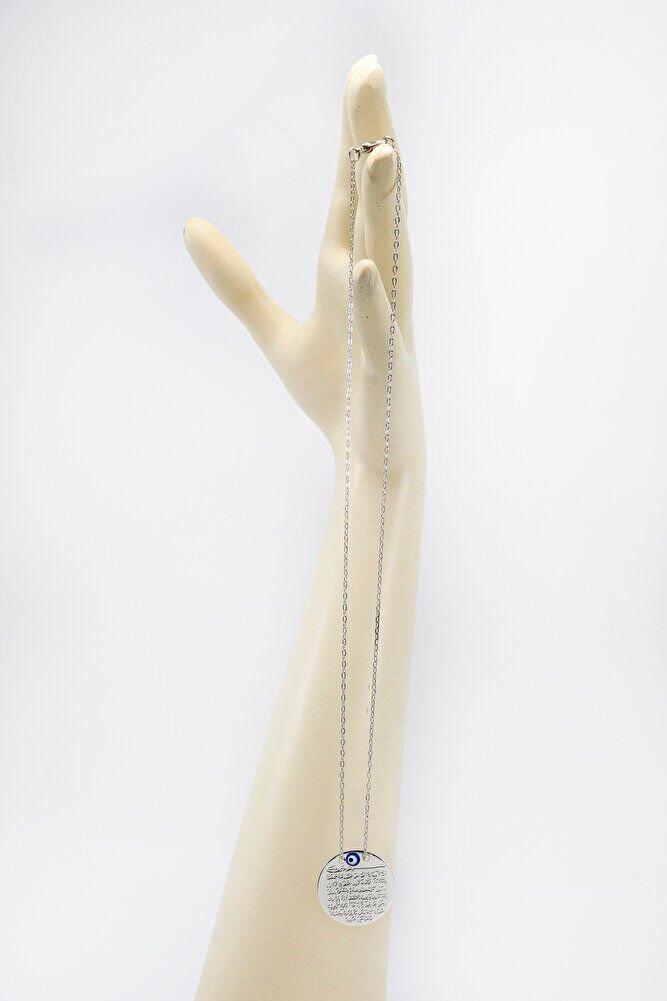 Mineli Nazar Metal Ayetel Kürsi Dualı Lak Kaplama Bijuteri Kolye (Zincir 45 cm), Gümüş Renkli