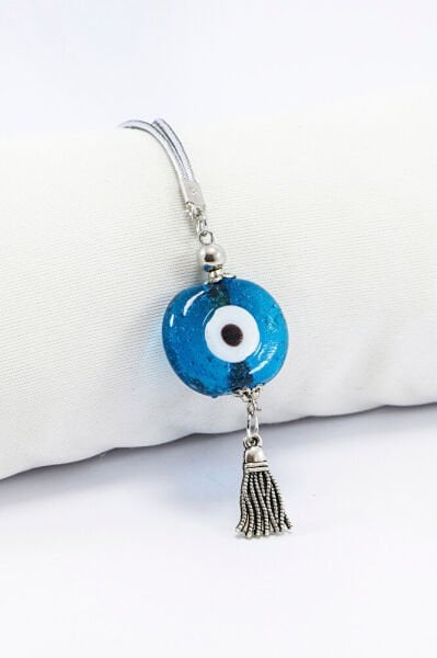 Turkuaz Nazar Boncuğu Araba Dikiz Ayna Süsü, El Yapımı Cam Danagözü PÜsküllü