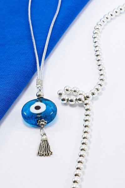 Turkuaz Nazar Boncuğu Araba Dikiz Ayna Süsü, El Yapımı Cam Danagözü PÜsküllü