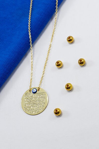 Mineli Nazar Metal Ayetel Kürsi Dualı Lak Kaplama Bijuteri Kolye (Zincir 45 cm)