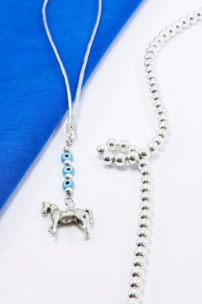 Turkuaz Cam Yassı Nazar Boncuklu Küçük Metal At Araba Dikiz Ayna Süsü