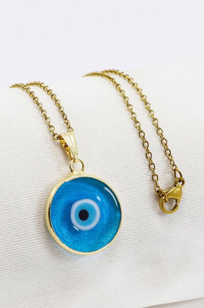 El Yapımı Çerçeveli Cam Nazar Boncuklu Çelik Zincirli Kolye (Zincir 60 cm)
