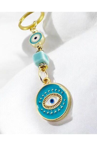 Açık Mavi  Parlak Taşlı Küp Boncuk Detaylı Göz Figürlü Anahtarlık / Hediyelik Anahtarlık