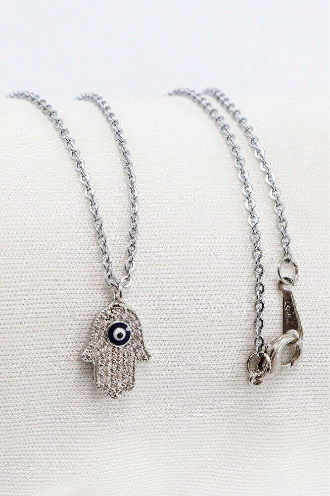 Gümüş Renkli Parlak Taşlı Nazarlı Hamse Lak Kaplama Bijuteri Kolye (Zincir 45 cm)