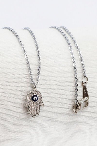 Gümüş Renkli Parlak Taşlı Nazarlı Hamse Lak Kaplama Bijuteri Kolye (Zincir 45 cm)