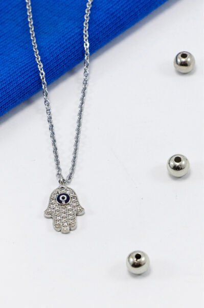 Gümüş Renkli Parlak Taşlı Nazarlı Hamse Lak Kaplama Bijuteri Kolye (Zincir 45 cm)