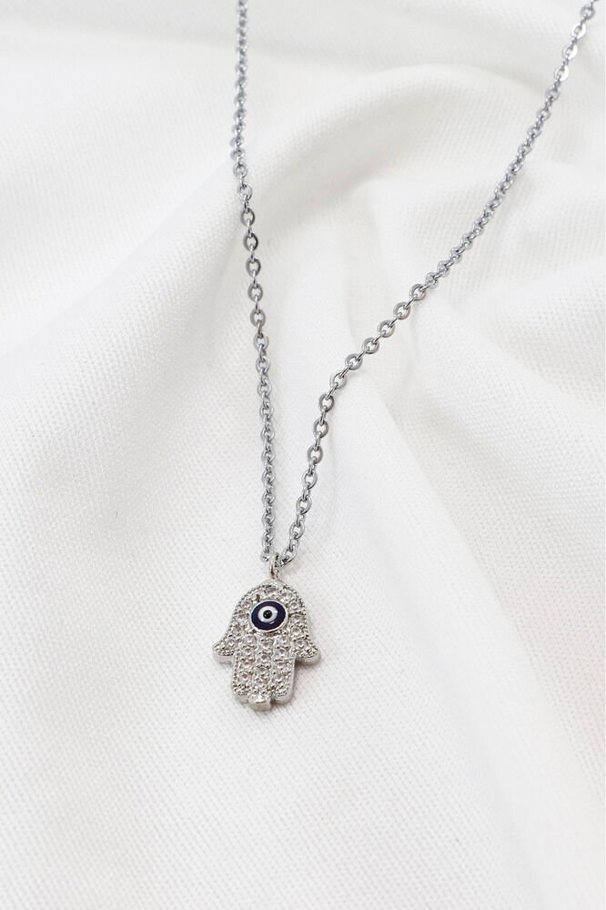 Gümüş Renkli Parlak Taşlı Nazarlı Hamse Lak Kaplama Bijuteri Kolye (Zincir 45 cm)