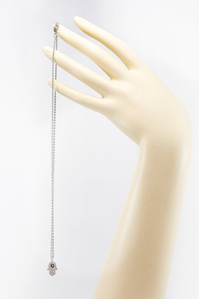 Gümüş Renkli Parlak Taşlı Nazarlı Hamse Lak Kaplama Bijuteri Kolye (Zincir 45 cm)