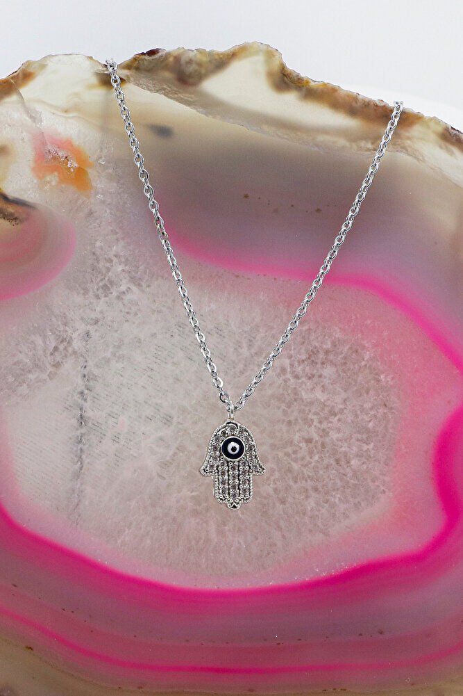 Gümüş Renkli Parlak Taşlı Nazarlı Hamse Lak Kaplama Bijuteri Kolye (Zincir 45 cm)