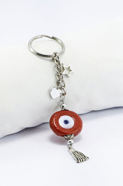 Kırmızı Danagözü Nazar Boncuğu Metal Püsküllü Anahtarlık, Küçük Çanta Süsü
