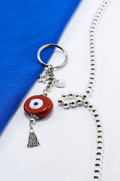 Kırmızı Danagözü Nazar Boncuğu Metal Püsküllü Anahtarlık, Küçük Çanta Süsü