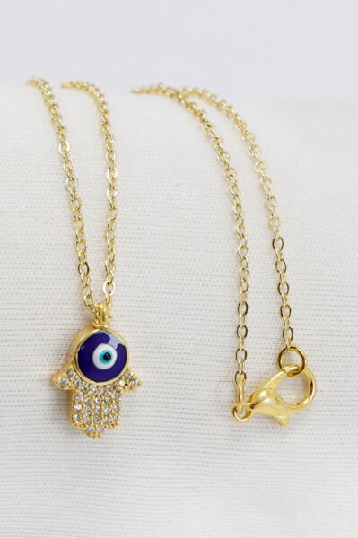 Gold Renkli Parlak Taşlı Hamse Lak Kaplama Bijuteri Kolye (Zincir 45 cm), Nazar Boncuklu