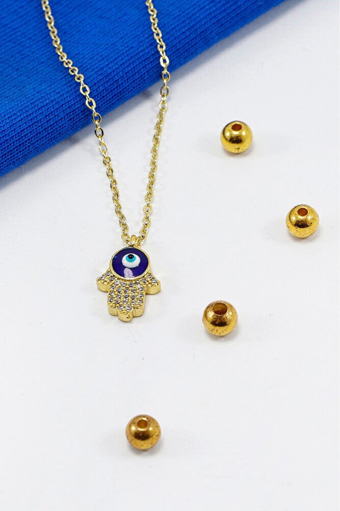 Gold Renkli Parlak Taşlı Hamse Lak Kaplama Bijuteri Kolye (Zincir 45 cm), Nazar Boncuklu
