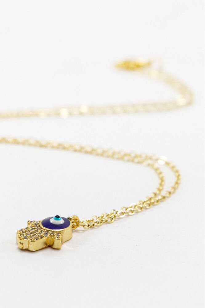 Gold Renkli Parlak Taşlı Hamse Lak Kaplama Bijuteri Kolye (Zincir 45 cm), Nazar Boncuklu