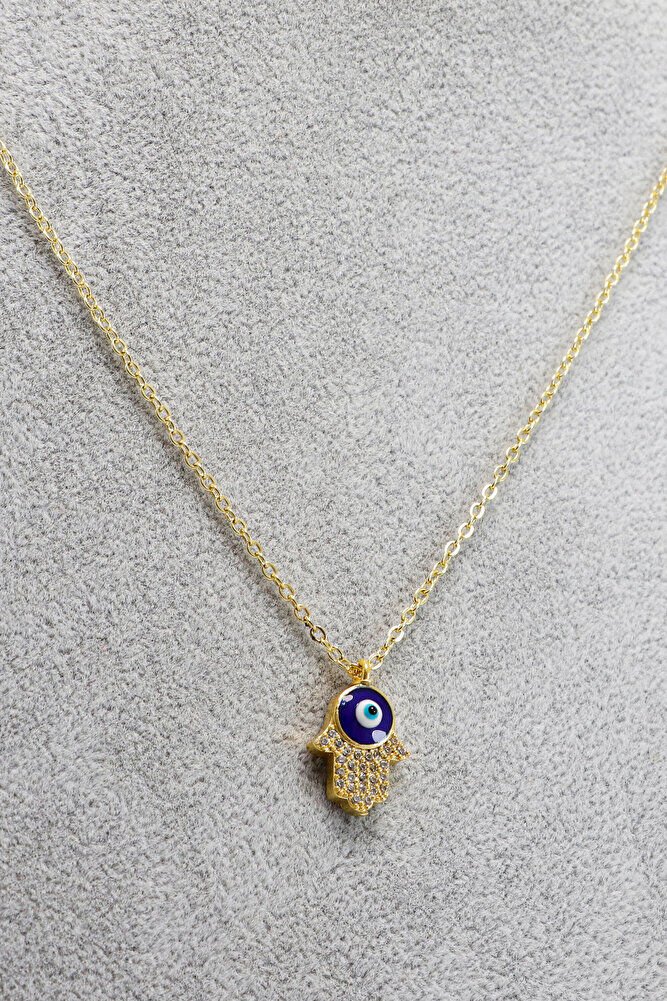 Gold Renkli Parlak Taşlı Hamse Lak Kaplama Bijuteri Kolye (Zincir 45 cm), Nazar Boncuklu