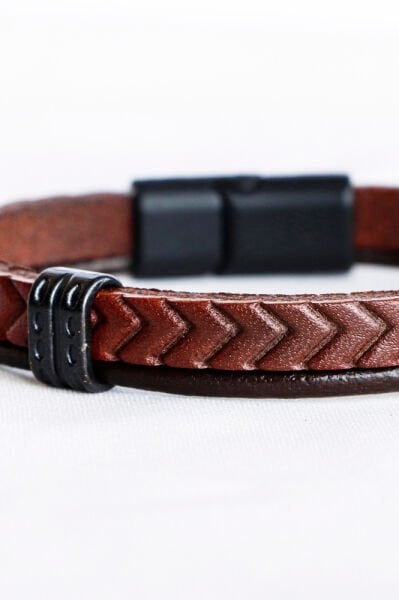 Taba Rengi ve Siyah Hakiki Deri Erkek Bileklik Mıknatıslı, Sevgililer Günü Hediyelik