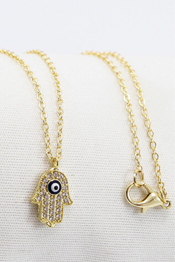 Gold Color Shiny Stone Evil Eye Hamse Lacquer Coated Bijouterie Necklace (Chain 45 cm)