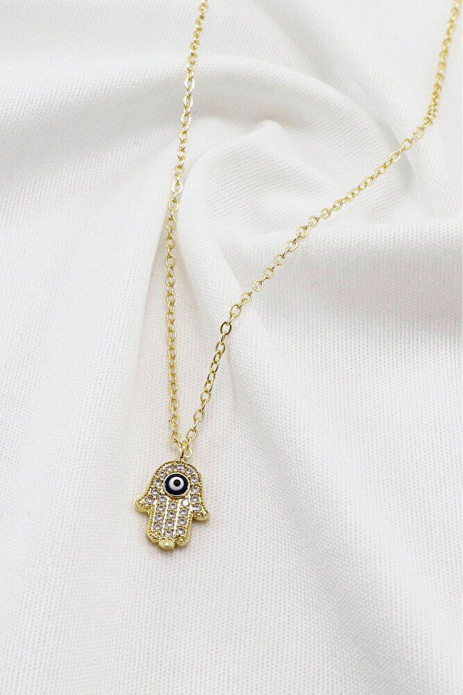 Gold Color Shiny Stone Evil Eye Hamse Lacquer Coated Bijouterie Necklace (Chain 45 cm)