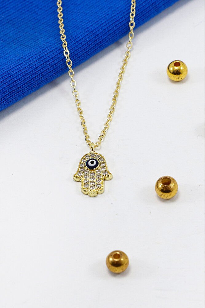 Gold Color Shiny Stone Evil Eye Hamse Lacquer Coated Bijouterie Necklace (Chain 45 cm)