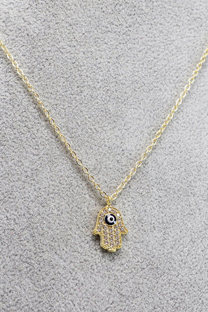 Gold Color Shiny Stone Evil Eye Hamse Lacquer Coated Bijouterie Necklace (Chain 45 cm)