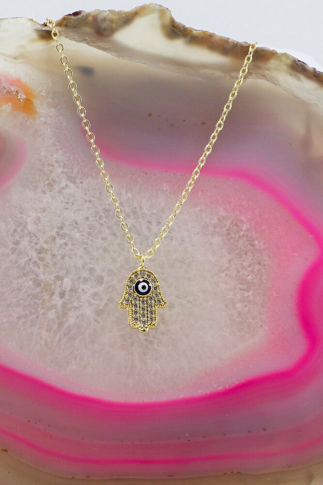 Gold Color Shiny Stone Evil Eye Hamse Lacquer Coated Bijouterie Necklace (Chain 45 cm)