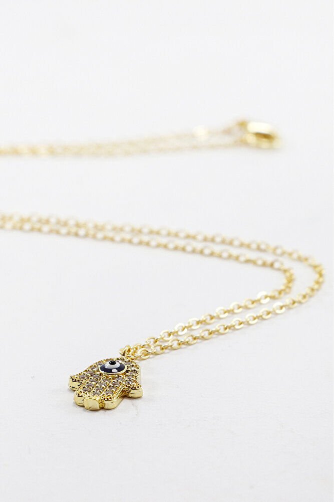 Gold Color Shiny Stone Evil Eye Hamse Lacquer Coated Bijouterie Necklace (Chain 45 cm)