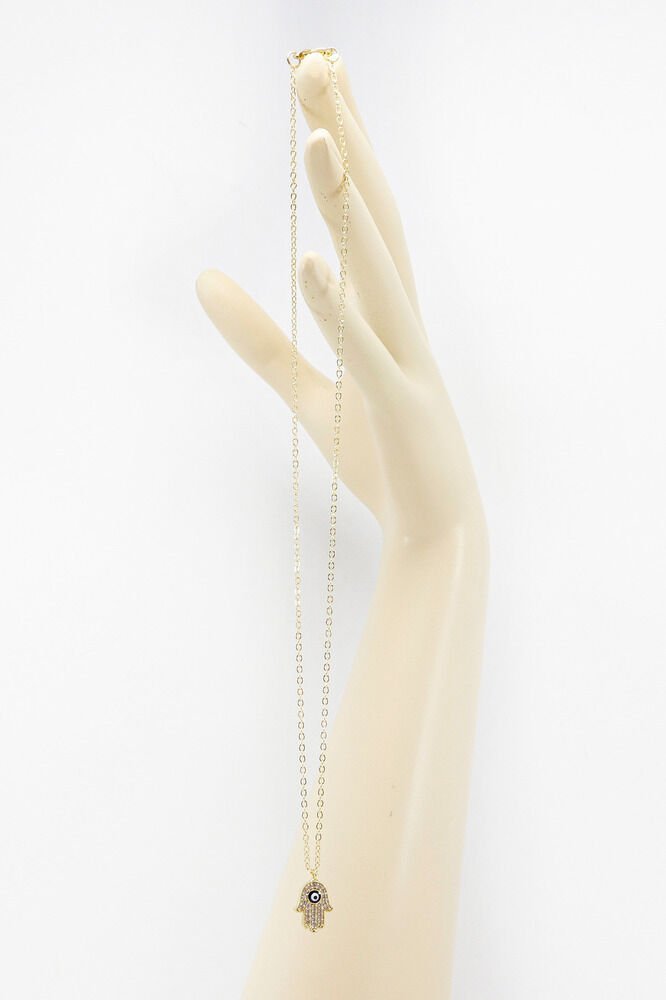 Gold Color Shiny Stone Evil Eye Hamse Lacquer Coated Bijouterie Necklace (Chain 45 cm)