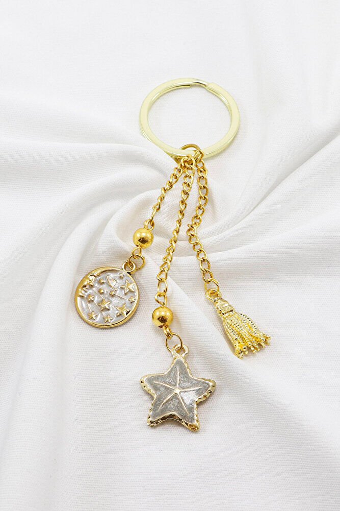 Gold Renkli Sedefli Yıldız Salkım Kabuklu Anahtarlık, Hediyelik Çanta Süsü