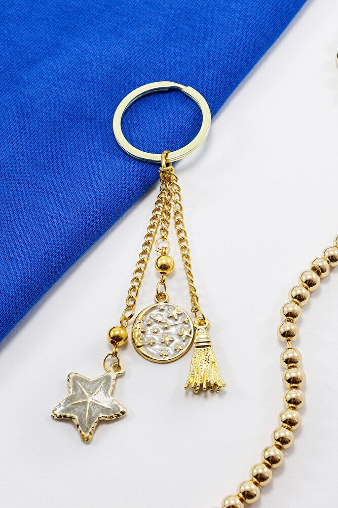 Gold Renkli Sedefli Yıldız Salkım Kabuklu Anahtarlık, Hediyelik Çanta Süsü