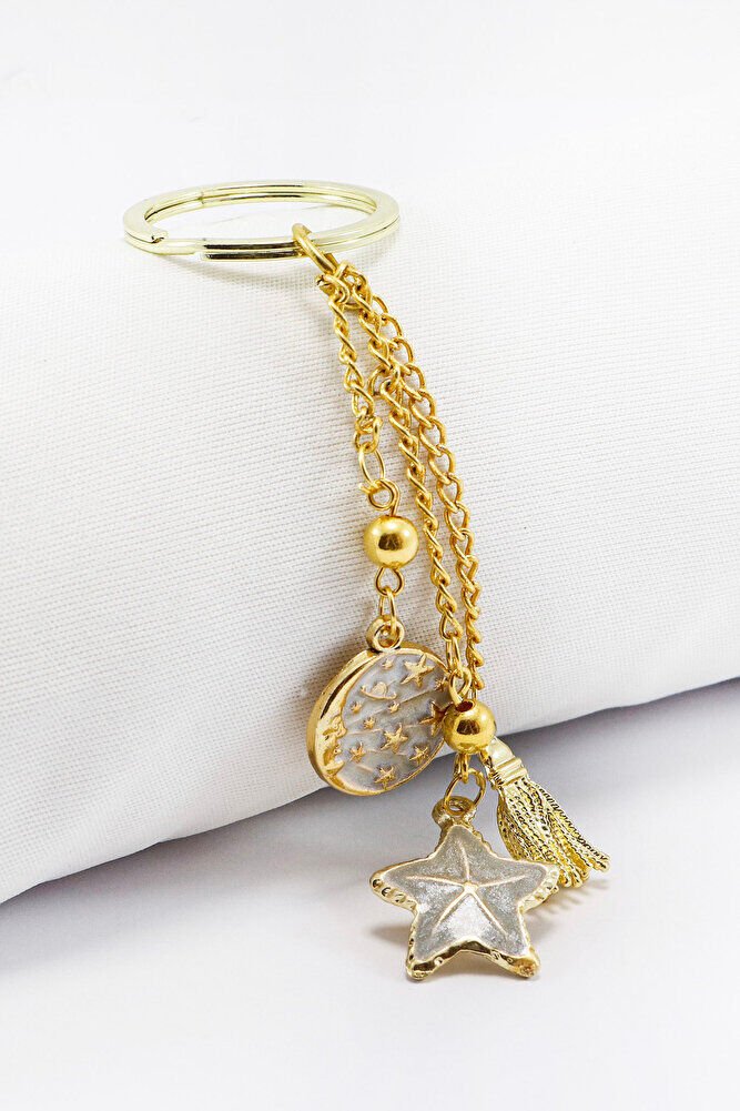 Gold Renkli Sedefli Yıldız Salkım Kabuklu Anahtarlık, Hediyelik Çanta Süsü