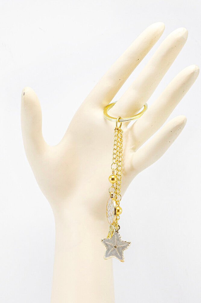 Gold Renkli Sedefli Yıldız Salkım Kabuklu Anahtarlık, Hediyelik Çanta Süsü