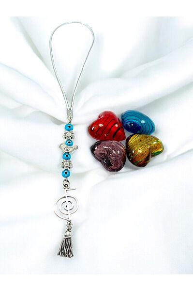 Cam Nazar Kuş ve Çiçek Detaylı Metal Reiki Sembolü Araba Dikiz Ayna Süsü/Püsküllü  Araba Hediyesi