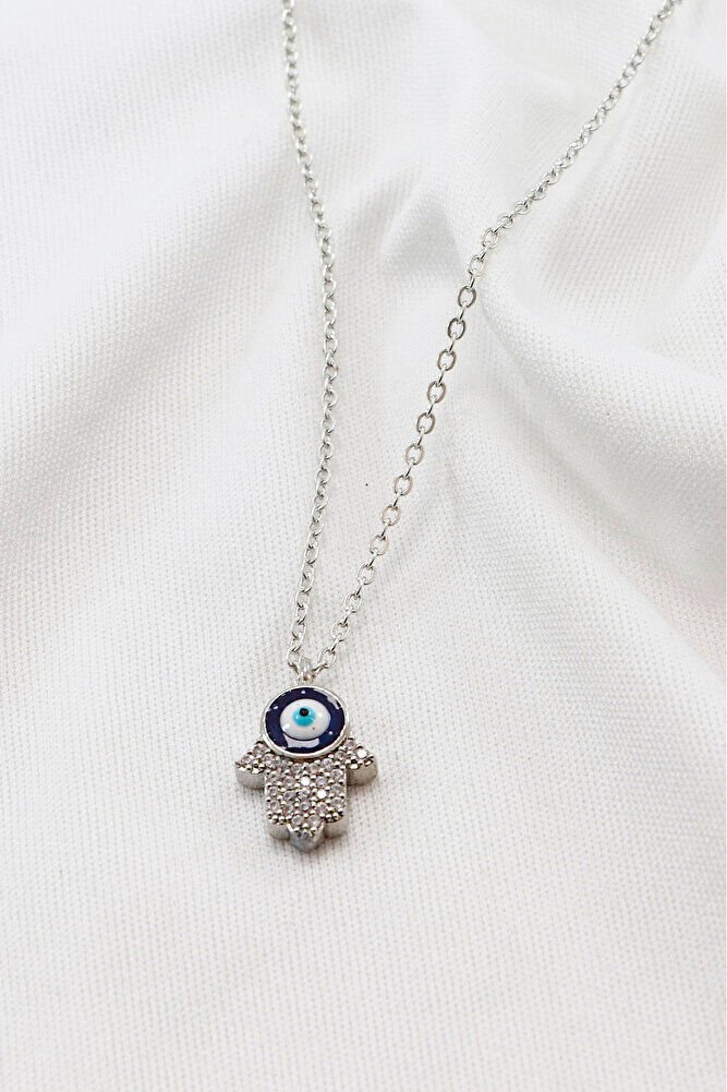 Gümüş Renkli Parlak Taşlı Hamse Lak Kaplama Bijuteri Kolye (Zincir 45 cm)