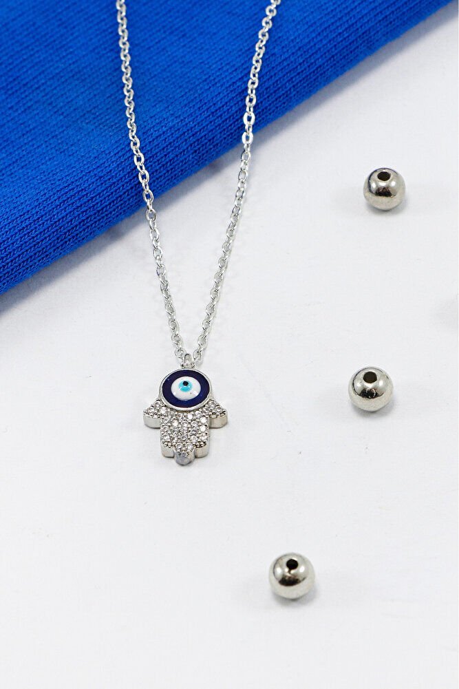 Gümüş Renkli Parlak Taşlı Hamse Lak Kaplama Bijuteri Kolye (Zincir 45 cm)