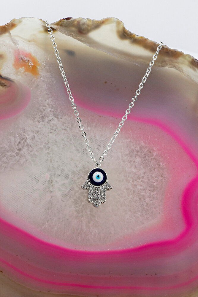 Gümüş Renkli Parlak Taşlı Hamse Lak Kaplama Bijuteri Kolye (Zincir 45 cm)