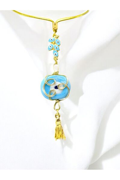 Mavi Salkım Nazar Detaylı Sarma Dana Gözlü Araba Dikiz Ayna Süsü/ Püsküllü Araba Hediyesi