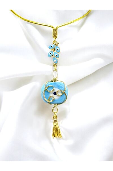 Mavi Salkım Nazar Detaylı Sarma Dana Gözlü Araba Dikiz Ayna Süsü/ Püsküllü Araba Hediyesi