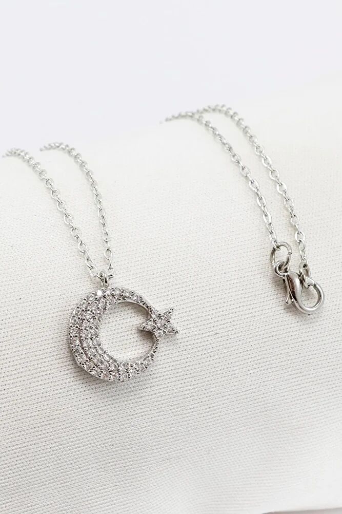 Gümüş Renkli Parlak Taşlı Ay Yıldızlı Lak Kaplama Bijuteri Kolye (Zincir 45 cm)