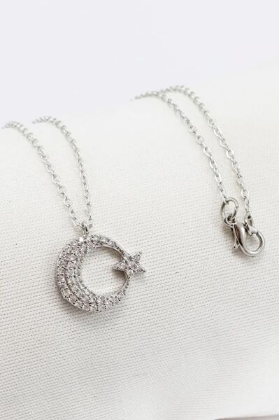 Gümüş Renkli Parlak Taşlı Ay Yıldızlı Lak Kaplama Bijuteri Kolye (Zincir 45 cm)