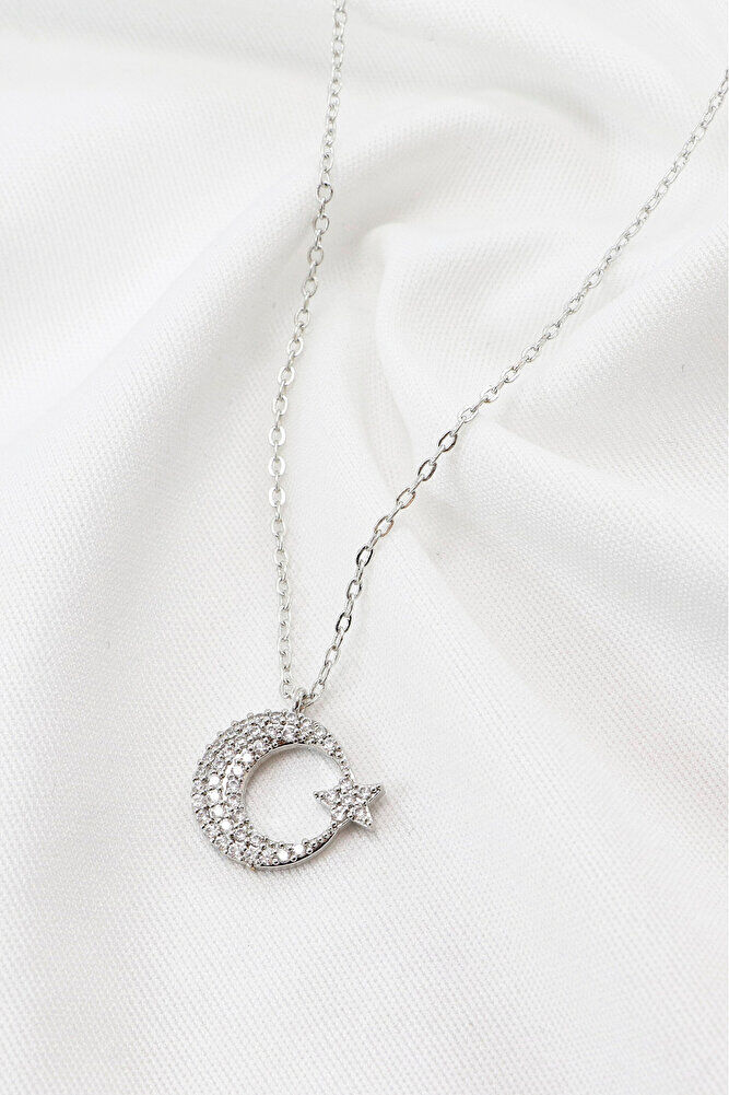 Gümüş Renkli Parlak Taşlı Ay Yıldızlı Lak Kaplama Bijuteri Kolye (Zincir 45 cm)