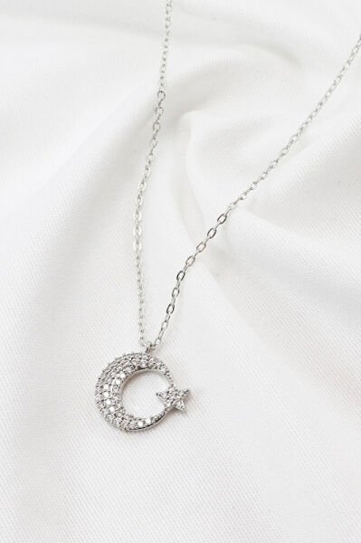 Gümüş Renkli Parlak Taşlı Ay Yıldızlı Lak Kaplama Bijuteri Kolye (Zincir 45 cm)