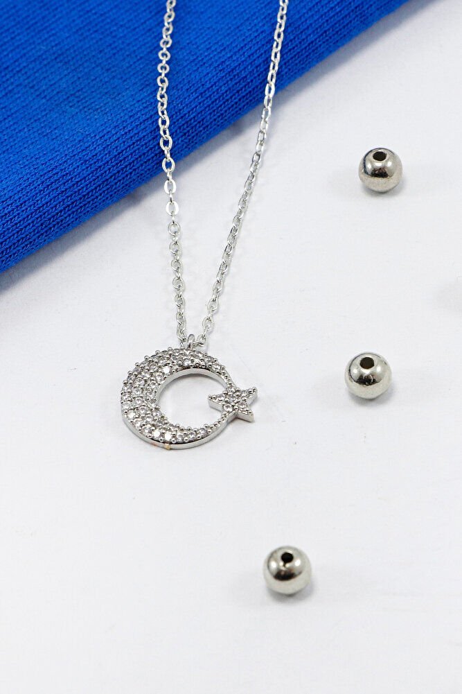 Gümüş Renkli Parlak Taşlı Ay Yıldızlı Lak Kaplama Bijuteri Kolye (Zincir 45 cm)