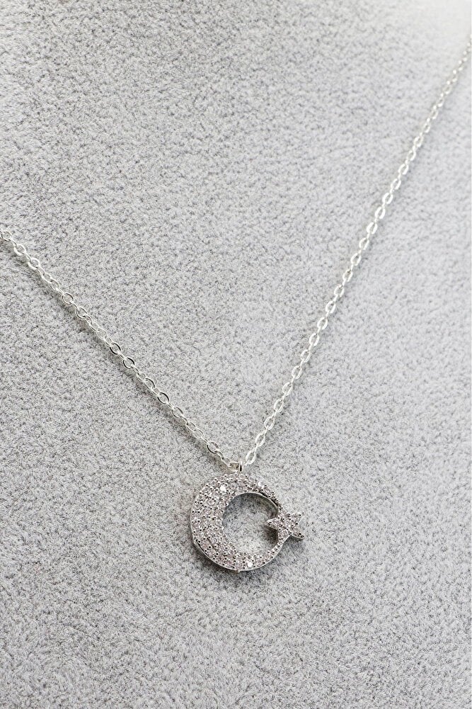 Gümüş Renkli Parlak Taşlı Ay Yıldızlı Lak Kaplama Bijuteri Kolye (Zincir 45 cm)