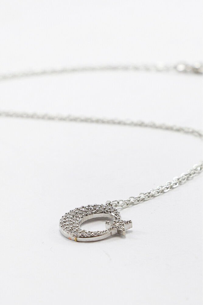 Gümüş Renkli Parlak Taşlı Ay Yıldızlı Lak Kaplama Bijuteri Kolye (Zincir 45 cm)