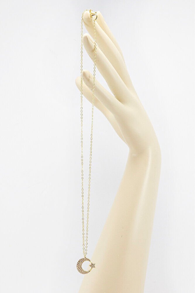 Gümüş Renkli Parlak Taşlı Ay Yıldızlı Lak Kaplama Bijuteri Kolye (Zincir 45 cm)