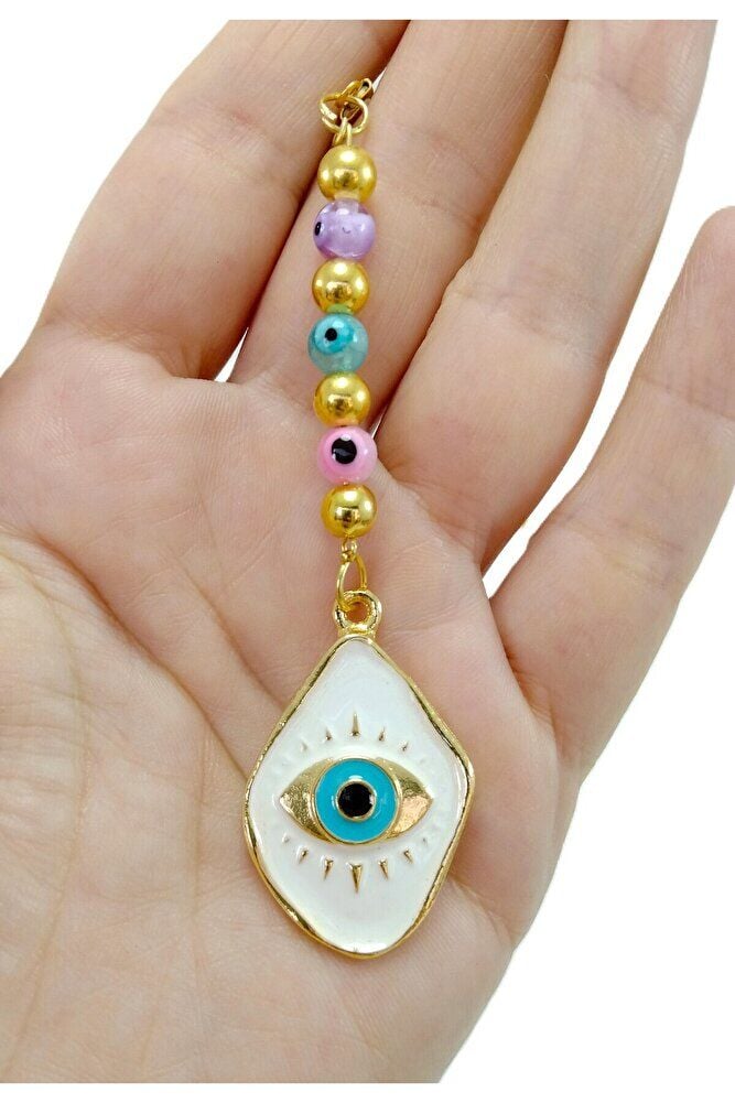 Renkli Cam Nazar Boncuklu Araba Dikiz Ayna Süsü Metal Beyaz Göz Yeni Araba Hediyesi