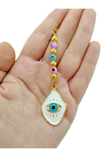 Renkli Cam Nazar Boncuklu Araba Dikiz Ayna Süsü Metal Beyaz Göz Yeni Araba Hediyesi