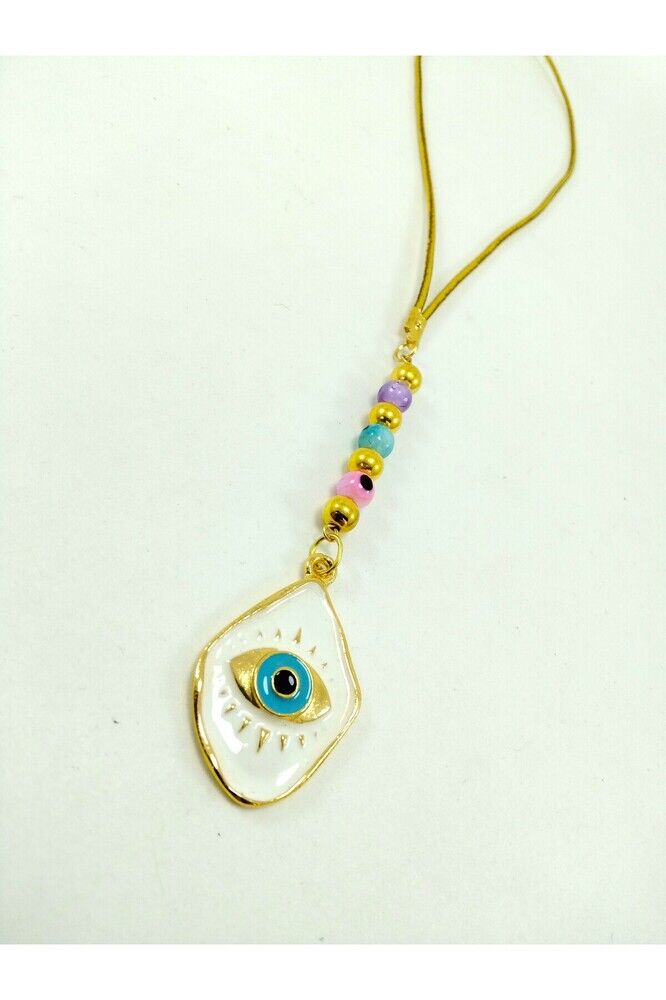 Renkli Cam Nazar Boncuklu Araba Dikiz Ayna Süsü Metal Beyaz Göz Yeni Araba Hediyesi