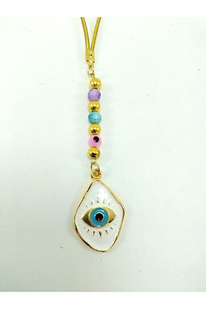 Renkli Cam Nazar Boncuklu Araba Dikiz Ayna Süsü Metal Beyaz Göz Yeni Araba Hediyesi